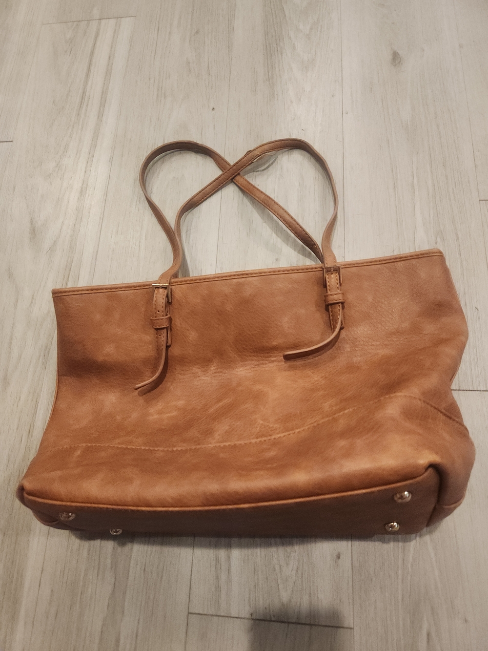 Urban Expressions Cognac Vegan Leather Tote Bag Large Shoulder Purse Striped Lin